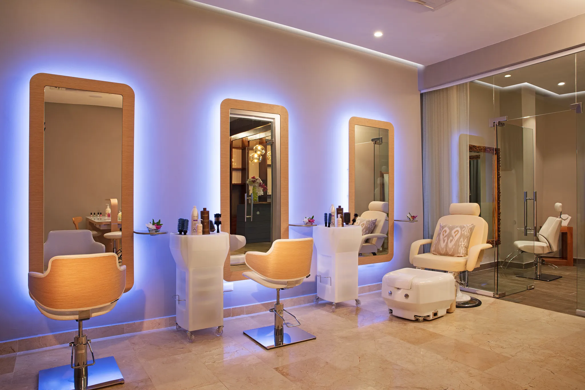 Luxury beauty salon and styling area at Dreams Dominicus La Romana spa in the Dominican Republic.