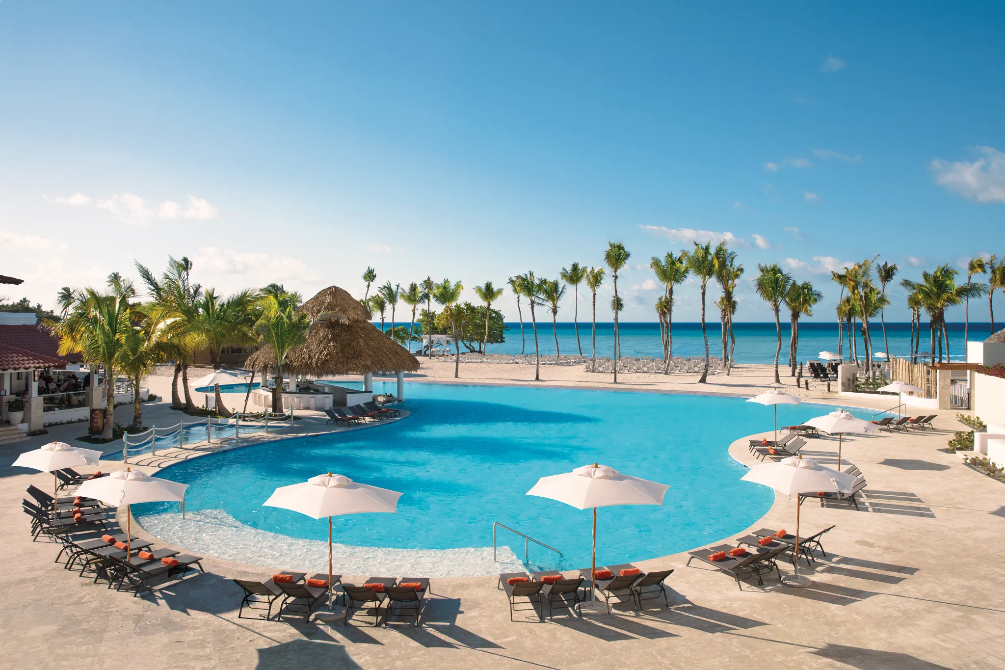 Large beachfront swimming pool with palm trees at Dreams Dominicus La Romana Resort.