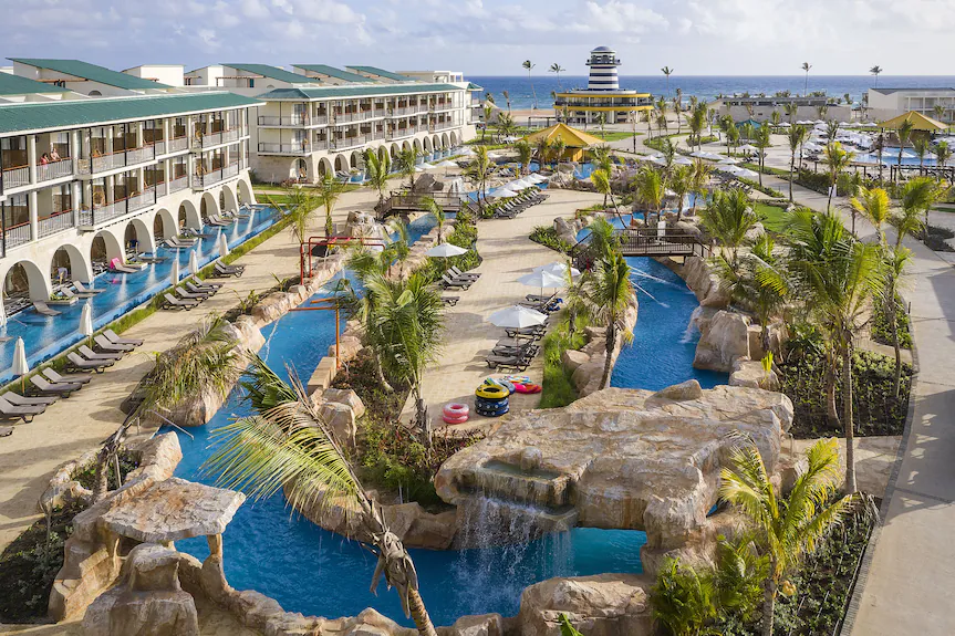 Ocean El Faro all-inclusive beachfront resort with pools, water park attractions, and tropical grounds in Punta Cana.