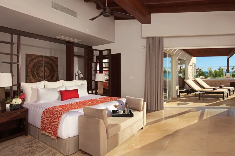 Preferred Club One Bedroom Presidential Suite terrace with private plunge pool and partial ocean views at Dreams Dominicus La Romana.